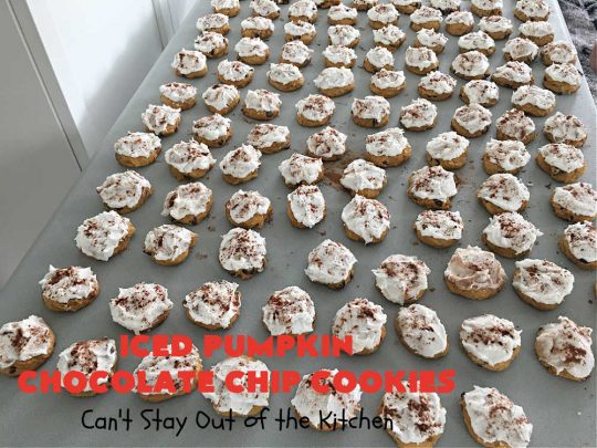 Iced Pumpkin Chocolate Chip Cookies | Can't Stay Out of the Kitchen | these spectacular #cookies have it all! #ChocolateChips, #pumpkin & icing. They're perfect for #holiday #baking & #Christmas parties or a #ChristmasCookieExchange. #dessert #PumpkinDessert #ChocolateDessert #chocolate #IcedPumpkinChocolateChipCookies