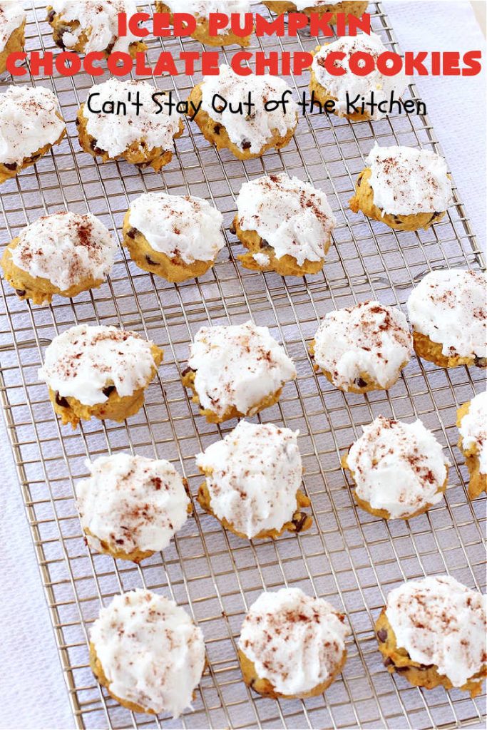 Iced Pumpkin Chocolate Chip Cookies | Can't Stay Out of the Kitchen | these spectacular #cookies have it all! #ChocolateChips, #pumpkin & icing. They're perfect for #holiday #baking & #Christmas parties or a #ChristmasCookieExchange. #dessert #PumpkinDessert #ChocolateDessert #chocolate #IcedPumpkinChocolateChipCookies