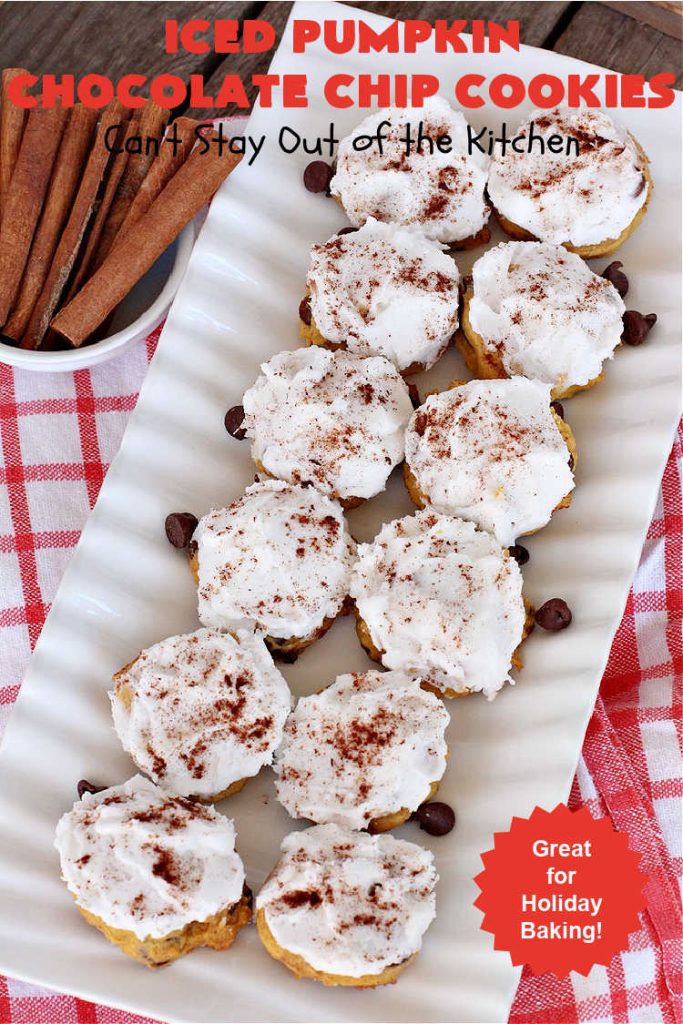 Iced Pumpkin Chocolate Chip Cookies | Can't Stay Out of the Kitchen | these spectacular #cookies have it all! #ChocolateChips, #pumpkin & icing. They're perfect for #holiday #baking & #Christmas parties or a #ChristmasCookieExchange. #dessert #PumpkinDessert #ChocolateDessert #chocolate #IcedPumpkinChocolateChipCookies
