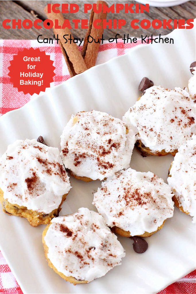 Iced Pumpkin Chocolate Chip Cookies | Can't Stay Out of the Kitchen | these spectacular #cookies have it all! #ChocolateChips, #pumpkin & icing. They're perfect for #holiday #baking & #Christmas parties or a #ChristmasCookieExchange. #dessert #PumpkinDessert #ChocolateDessert #chocolate #IcedPumpkinChocolateChipCookies