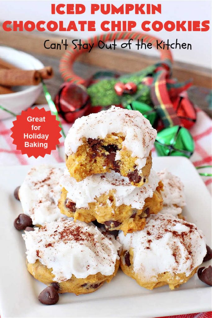 Iced Pumpkin Chocolate Chip Cookies | Can't Stay Out of the Kitchen | these spectacular #cookies have it all! #ChocolateChips, #pumpkin & icing. They're perfect for #holiday #baking & #Christmas parties or a #ChristmasCookieExchange. #dessert #PumpkinDessert #ChocolateDessert #chocolate #IcedPumpkinChocolateChipCookies