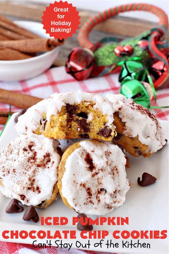 Iced Pumpkin Chocolate Chip Cookies | Can't Stay Out of the Kitchen | these spectacular #cookies have it all! #ChocolateChips, #pumpkin & icing. They're perfect for #holiday #baking & #Christmas parties or a #ChristmasCookieExchange. #dessert #PumpkinDessert #ChocolateDessert #chocolate #IcedPumpkinChocolateChipCookies