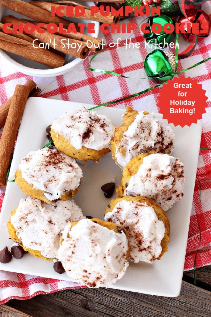 Iced Pumpkin Chocolate Chip Cookies | Can't Stay Out of the Kitchen | these spectacular #cookies have it all! #ChocolateChips, #pumpkin & icing. They're perfect for #holiday #baking & #Christmas parties or a #ChristmasCookieExchange. #dessert #PumpkinDessert #ChocolateDessert #chocolate #IcedPumpkinChocolateChipCookies