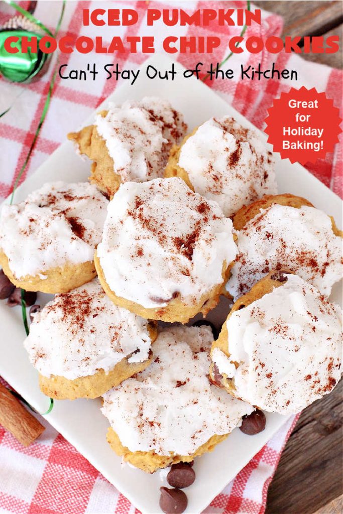 Iced Pumpkin Chocolate Chip Cookies | Can't Stay Out of the Kitchen | these spectacular #cookies have it all! #ChocolateChips, #pumpkin & icing. They're perfect for #holiday #baking & #Christmas parties or a #ChristmasCookieExchange. #dessert #PumpkinDessert #ChocolateDessert #chocolate #IcedPumpkinChocolateChipCookies