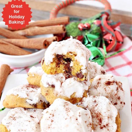 Iced Pumpkin Chocolate Chip Cookies | Can't Stay Out of the Kitchen | these spectacular #cookies have it all! #ChocolateChips, #pumpkin & icing. They're perfect for #holiday #baking & #Christmas parties or a #ChristmasCookieExchange. #dessert #PumpkinDessert #ChocolateDessert #chocolate #IcedPumpkinChocolateChipCookies