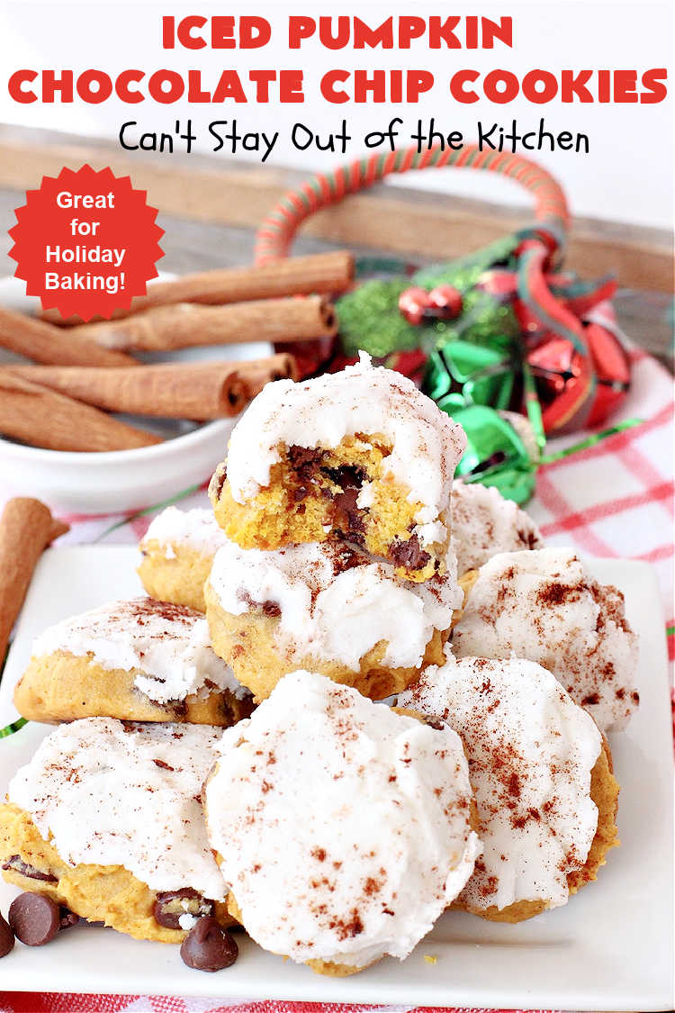 Iced Pumpkin Chocolate Chip Cookies | Can't Stay Out of the Kitchen | these spectacular #cookies have it all! #ChocolateChips, #pumpkin & icing. They're perfect for #holiday #baking & #Christmas parties or a #ChristmasCookieExchange. #dessert #PumpkinDessert #ChocolateDessert #chocolate #IcedPumpkinChocolateChipCookies