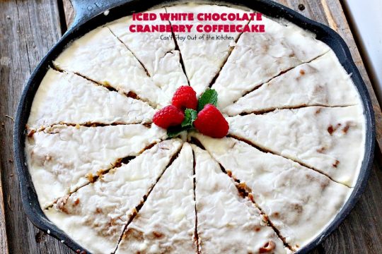 Iced White Chocolate Cranberry Coffeecake | Can't Stay Out of the Kitchen | this #coffeecake will make you drool! It's filled with white #chocolate & #craisins. Perfect for a #holiday #breakfast or #dessert.