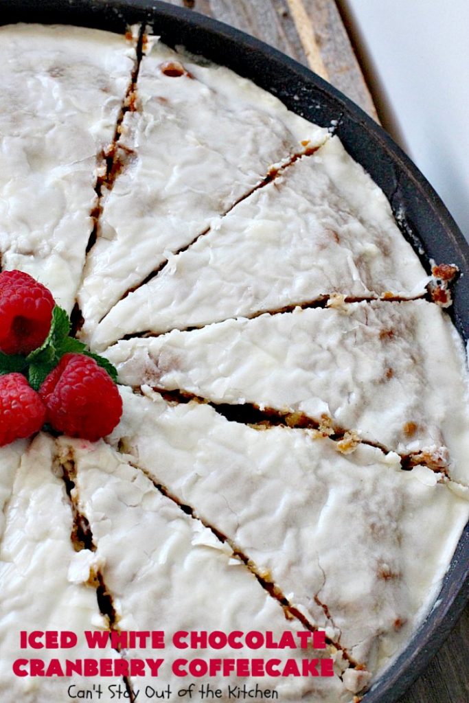 Iced White Chocolate Cranberry Coffeecake | Can't Stay Out of the Kitchen | this #coffeecake will make you drool! It's filled with white #chocolate & #craisins. Perfect for a #holiday #breakfast or #dessert.