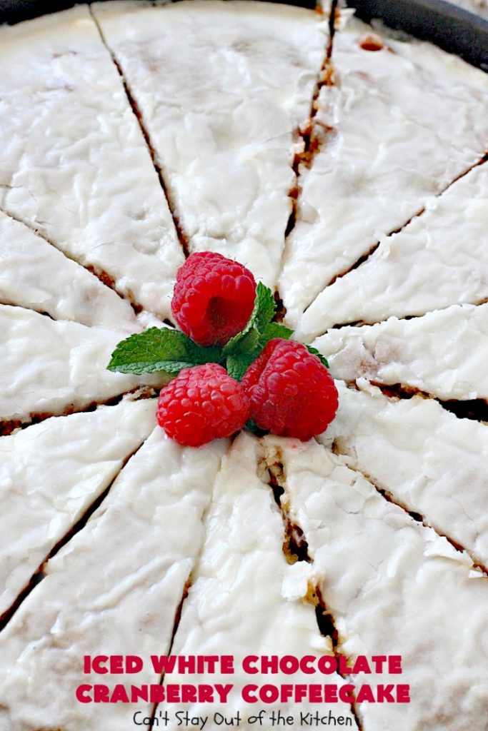 Iced White Chocolate Cranberry Coffeecake | Can't Stay Out of the Kitchen | this #coffeecake will make you drool! It's filled with white #chocolate & #craisins. Perfect for a #holiday #breakfast or #dessert.