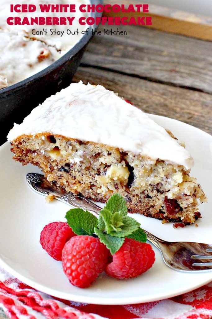 Iced White Chocolate Cranberry Coffeecake | Can't Stay Out of the Kitchen | this #coffeecake will make you drool! It's filled with white #chocolate & #craisins. Perfect for a #holiday #breakfast or #dessert.