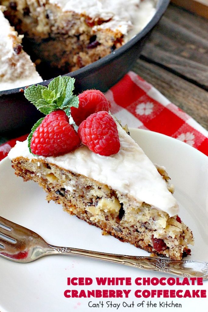 Iced White Chocolate Cranberry Coffeecake | Can't Stay Out of the Kitchen | this #coffeecake will make you drool! It's filled with white #chocolate & #craisins. Perfect for a #holiday #breakfast or #dessert.