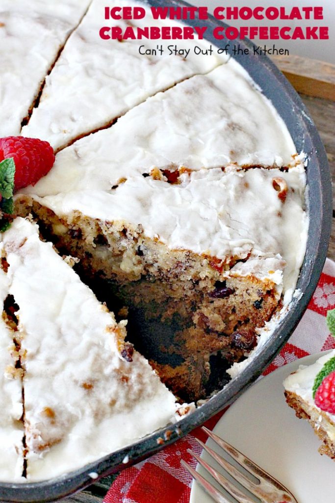 Iced White Chocolate Cranberry Coffeecake | Can't Stay Out of the Kitchen | this #coffeecake will make you drool! It's filled with white #chocolate & #craisins. Perfect for a #holiday #breakfast or #dessert.