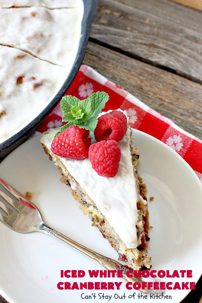 Iced White Chocolate Cranberry Coffeecake | Can't Stay Out of the Kitchen | this #coffeecake will make you drool! It's filled with white #chocolate & #craisins. Perfect for a #holiday #breakfast or #dessert.
