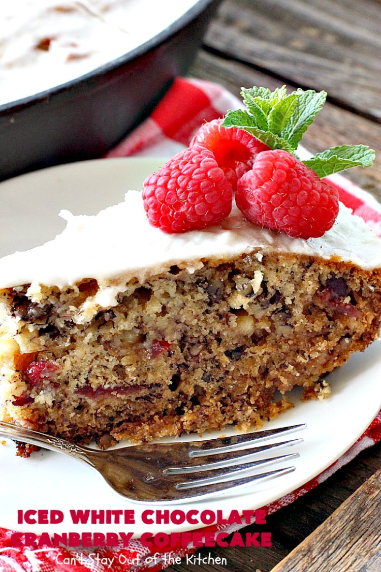 Iced White Chocolate Cranberry Coffeecake | Can't Stay Out of the Kitchen | this #coffeecake will make you drool! It's filled with white #chocolate & #craisins. Perfect for a #holiday #breakfast or #dessert.