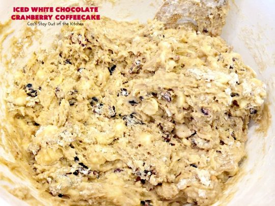 Iced White Chocolate Cranberry Coffeecake | Can't Stay Out of the Kitchen | this #coffeecake will make you drool! It's filled with white #chocolate & #craisins. Perfect for a #holiday #breakfast or #dessert.