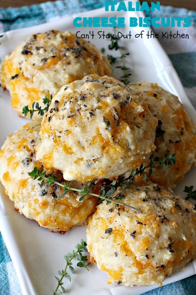 Italian Cheese Biscuits | Can't Stay Out of the Kitchen | these quick & easy drop #biscuits will knock your socks off! They can be made in 30 minutes making them an excellent choice for weeknight suppers. Terrific #SideDish for #FathersDay. #bread #CheddarCheese #Italian #CheeseBiscuits #ItalianCheeseBiscuits