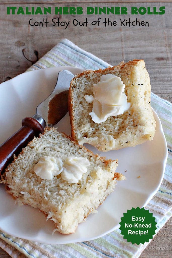 Italian Herb Dinner Rolls | Can't Stay Out of the Kitchen | these easy #NoKnead #DinnerRolls are fantastic! They're flavored with dried herbs like #basil, #thyme & #marjoram so they just pop in flavor. Terrific side for soup or chili, but also fantastic to serve for company or #holiday meals like #Easter or #MothersDay. Every bite is mouthwatering and irresistible! #bread #ItalianHerbDinnerRolls