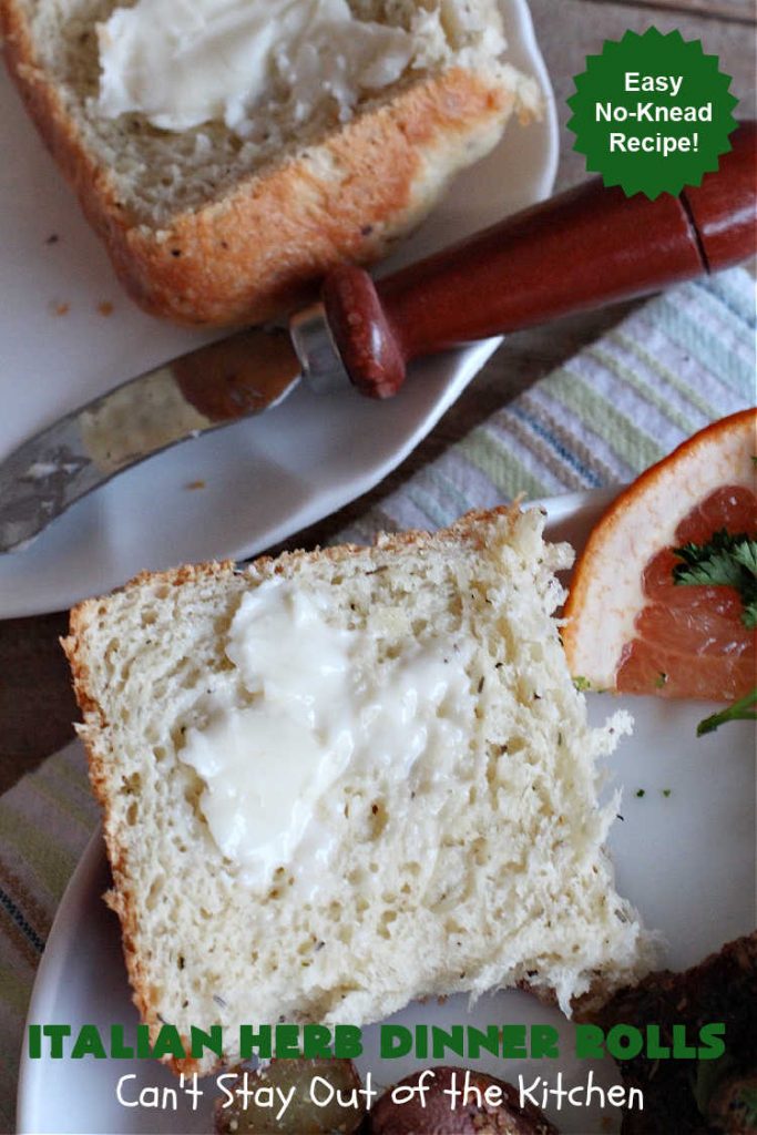 Italian Herb Dinner Rolls | Can't Stay Out of the Kitchen | these easy #NoKnead #DinnerRolls are fantastic! They're flavored with dried herbs like #basil, #thyme & #marjoram so they just pop in flavor. Terrific side for soup or chili, but also fantastic to serve for company or #holiday meals like #Easter or #MothersDay. Every bite is mouthwatering and irresistible! #bread #ItalianHerbDinnerRolls