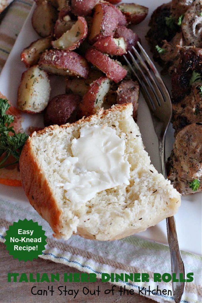Italian Herb Dinner Rolls | Can't Stay Out of the Kitchen | these easy #NoKnead #DinnerRolls are fantastic! They're flavored with dried herbs like #basil, #thyme & #marjoram so they just pop in flavor. Terrific side for soup or chili, but also fantastic to serve for company or #holiday meals like #Easter or #MothersDay. Every bite is mouthwatering and irresistible! #bread #ItalianHerbDinnerRolls