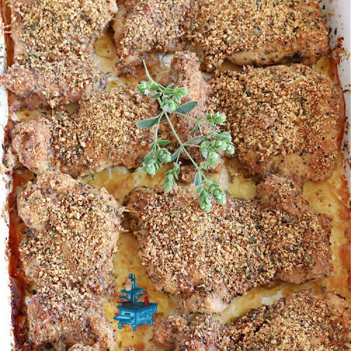 Italian Parmesan Chicken Thighs | Can't Stay Out of the Kitchen | these delicious #ChickenThighs can be oven ready in about 5 minutes. They're so easy to toss together & taste fantastic. This entree uses #Italian flavors like #basil, #oregano & #thyme along with #chives to give it a zesty flavor. #ParmesanCheese makes the coating even better. #GlutenFree #chicken #poultry #ItalianParmesanChickenThighs