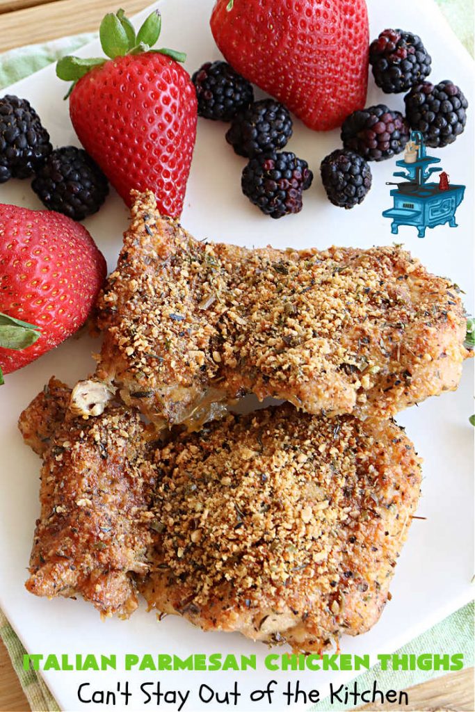 Italian Parmesan Chicken Thighs | Can't Stay Out of the Kitchen | these delicious #ChickenThighs can be oven ready in about 5 minutes. They're so easy to toss together & taste fantastic. This entree uses #Italian flavors like #basil, #oregano & #thyme along with #chives to give it a zesty flavor. #ParmesanCheese makes the coating even better. #GlutenFree #chicken #poultry #ItalianParmesanChickenThighs