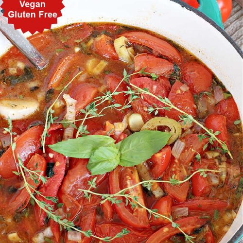 Italian Roasted Tomato Soup | Can't Stay Out of the Kitchen | Warm yourself up with a bowl of this amazing #soup! This irresistible #recipe roasts the #tomatoes, veggies & herbs before making the soup adding amazing flavor in every bite. Perfect for family or company dinners. #healthy #vegan #LowCalorie #GlutenFree #Italian #RoastedTomatoes #RoastedTomatoSoup #TomatoSoup #ItalianRoastedTomatoSoup
