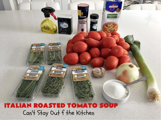 Italian Roasted Tomato Soup | Can't Stay Out of the Kitchen | Warm yourself up with a bowl of this amazing #soup! This irresistible #recipe roasts the #tomatoes, veggies & herbs before making the soup adding amazing flavor in every bite. Perfect for family or company dinners. #healthy #vegan #LowCalorie #GlutenFree #Italian #RoastedTomatoes #RoastedTomatoSoup #TomatoSoup #ItalianRoastedTomatoSoup