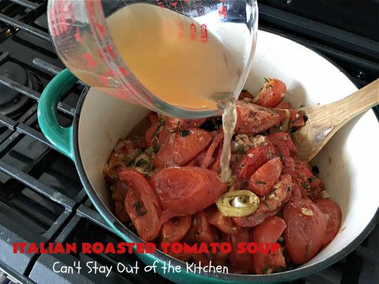 Italian Roasted Tomato Soup | Can't Stay Out of the Kitchen | Warm yourself up with a bowl of this amazing #soup! This irresistible #recipe roasts the #tomatoes, veggies & herbs before making the soup adding amazing flavor in every bite. Perfect for family or company dinners. #healthy #vegan #LowCalorie #GlutenFree #Italian #RoastedTomatoes #RoastedTomatoSoup #TomatoSoup #ItalianRoastedTomatoSoup