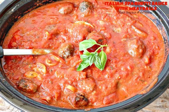 Italian Spaghetti Sauce with Meatballs | Can't Stay Out of the Kitchen | our favorite #spaghetti recipe. This one's made in the #crockpot. I substituted #glutenfree breadcrumbs in the #meatballs & GF #pasta. So good. #beef