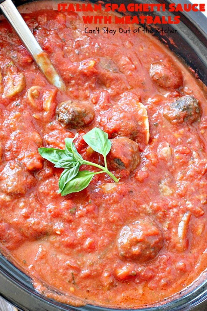 Italian Spaghetti Sauce with Meatballs | Can't Stay Out of the Kitchen | our favorite #spaghetti recipe. This one's made in the #crockpot. I substituted #glutenfree breadcrumbs in the #meatballs & GF #pasta. So good. #beef