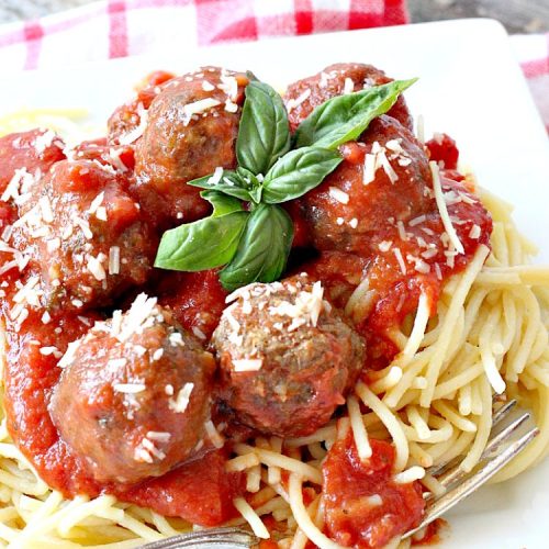 Italian Spaghetti Sauce with Meatballs | Can't Stay Out of the Kitchen | our favorite #spaghetti recipe. This one's made in the #crockpot. I substituted #glutenfree breadcrumbs in the #meatballs & GF #pasta. So good. #beef