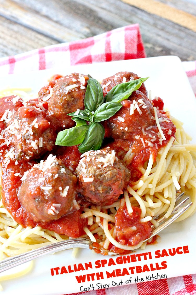 Italian Spaghetti Sauce with Meatballs | Can't Stay Out of the Kitchen | our favorite #spaghetti recipe. This one's made in the #crockpot. I substituted #glutenfree breadcrumbs in the #meatballs & GF #pasta. So good. #beef