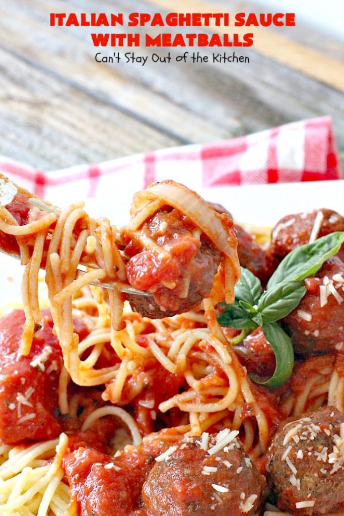 Italian Spaghetti Sauce with Meatballs | Can't Stay Out of the Kitchen | our favorite #spaghetti recipe. This one's made in the #crockpot. I substituted #glutenfree breadcrumbs in the #meatballs & GF #pasta. So good. #beef