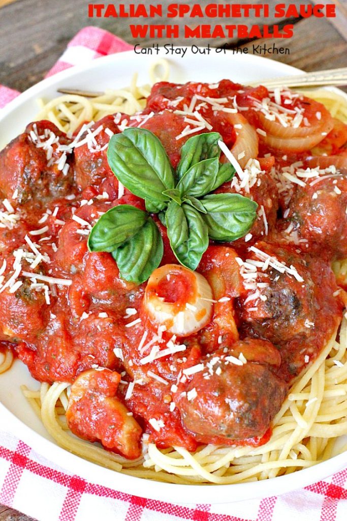 Italian Spaghetti Sauce with Meatballs | Can't Stay Out of the Kitchen | our favorite #spaghetti recipe. This one's made in the #crockpot. I substituted #glutenfree breadcrumbs in the #meatballs & GF #pasta. So good. #beef
