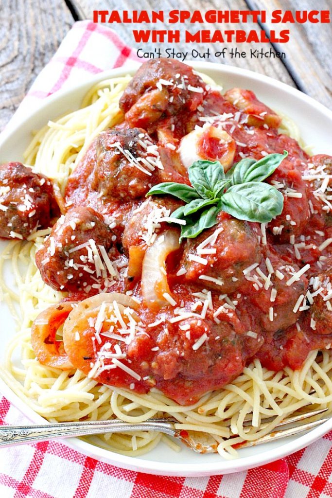 Italian Spaghetti Sauce with Meatballs | Can't Stay Out of the Kitchen | our favorite #spaghetti recipe. This one's made in the #crockpot. I substituted #glutenfree breadcrumbs in the #meatballs & GF #pasta. So good. #beef