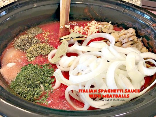 Italian Spaghetti Sauce with Meatballs | Can't Stay Out of the Kitchen | our favorite #spaghetti recipe. This one's made in the #crockpot. I substituted #glutenfree breadcrumbs in the #meatballs & GF #pasta. So good. #beef