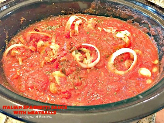 Italian Spaghetti Sauce with Meatballs | Can't Stay Out of the Kitchen | our favorite #spaghetti recipe. This one's made in the #crockpot. I substituted #glutenfree breadcrumbs in the #meatballs & GF #pasta. So good. #beef