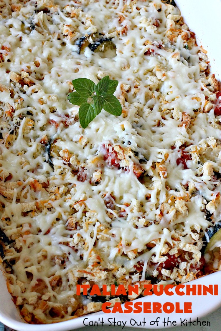Italian Zucchini Casserole | Cant Stay Out of the Kitchen | this fantastic #casserole is perfect for your #Thanksgiving or #Christmas #holiday menu. It's filled with #zucchini & #tomatoes, topped with #StuffingMix & loaded with #Parmesan & #Mozzarella cheeses. Everyone will want seconds. #Italian #HolidaySideDish #ZucchiniCasserole #ItalianZucchiniCasserole #GooseberryPatch