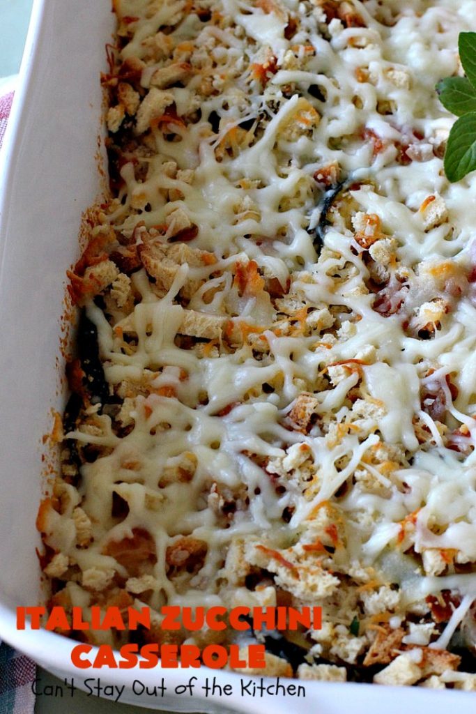 Italian Zucchini Casserole | Cant Stay Out of the Kitchen | this fantastic #casserole is perfect for your #Thanksgiving or #Christmas #holiday menu. It's filled with #zucchini & #tomatoes, topped with #StuffingMix & loaded with #Parmesan & #Mozzarella cheeses. Everyone will want seconds. #Italian #HolidaySideDish #ZucchiniCasserole #ItalianZucchiniCasserole #GooseberryPatch