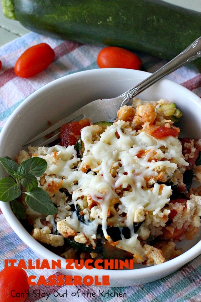 Italian Zucchini Casserole | Cant Stay Out of the Kitchen | this fantastic #casserole is perfect for your #Thanksgiving or #Christmas #holiday menu. It's filled with #zucchini & #tomatoes, topped with #StuffingMix & loaded with #Parmesan & #Mozzarella cheeses. Everyone will want seconds. #Italian #HolidaySideDish #ZucchiniCasserole #ItalianZucchiniCasserole #GooseberryPatch