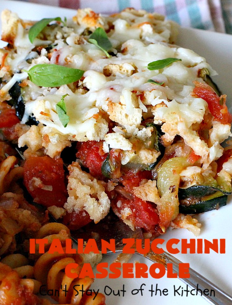 Italian Zucchini Casserole | Cant Stay Out of the Kitchen | this fantastic #casserole is perfect for your #Thanksgiving or #Christmas #holiday menu. It's filled with #zucchini & #tomatoes, topped with #StuffingMix & loaded with #Parmesan & #Mozzarella cheeses. Everyone will want seconds. #Italian #HolidaySideDish #ZucchiniCasserole #ItalianZucchiniCasserole #GooseberryPatch