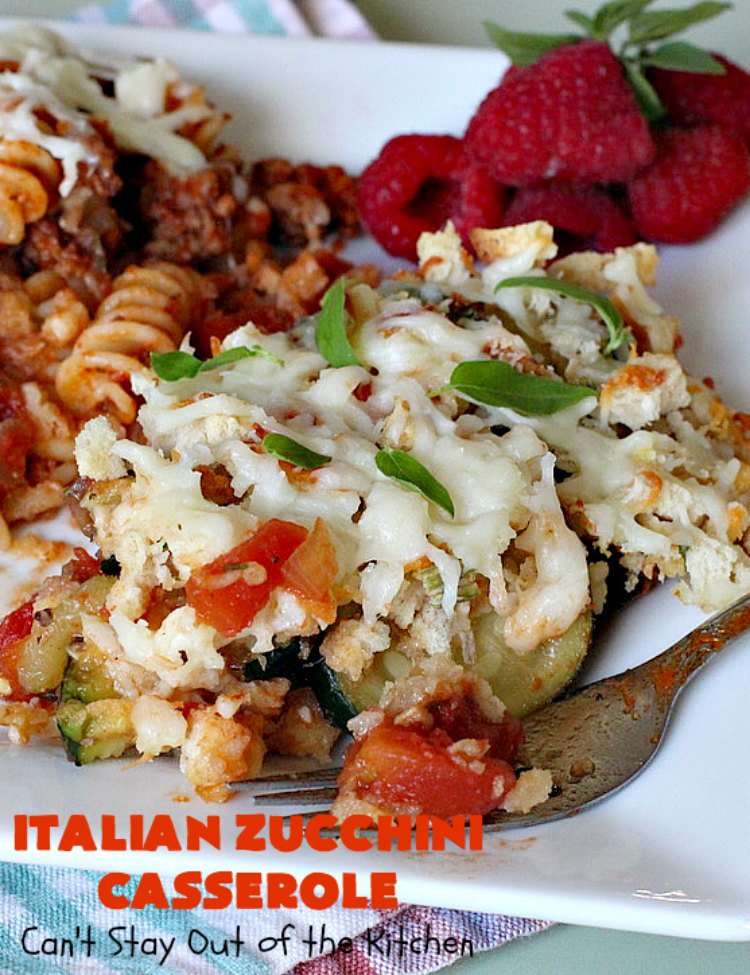 Italian Zucchini Casserole | Cant Stay Out of the Kitchen | this fantastic #casserole is perfect for your #Thanksgiving or #Christmas #holiday menu. It's filled with #zucchini & #tomatoes, topped with #StuffingMix & loaded with #Parmesan & #Mozzarella cheeses. Everyone will want seconds. #Italian #HolidaySideDish #ZucchiniCasserole #ItalianZucchiniCasserole #GooseberryPatch