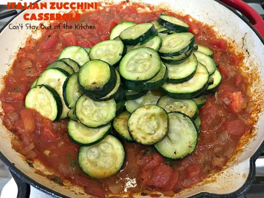 Italian Zucchini Casserole | Cant Stay Out of the Kitchen | this fantastic #casserole is perfect for your #Thanksgiving or #Christmas #holiday menu. It's filled with #zucchini & #tomatoes, topped with #StuffingMix & loaded with #Parmesan & #Mozzarella cheeses. Everyone will want seconds. #Italian #HolidaySideDish #ZucchiniCasserole #ItalianZucchiniCasserole #GooseberryPatch