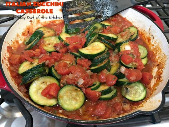 Italian Zucchini Casserole | Cant Stay Out of the Kitchen | this fantastic #casserole is perfect for your #Thanksgiving or #Christmas #holiday menu. It's filled with #zucchini & #tomatoes, topped with #StuffingMix & loaded with #Parmesan & #Mozzarella cheeses. Everyone will want seconds. #Italian #HolidaySideDish #ZucchiniCasserole #ItalianZucchiniCasserole #GooseberryPatch