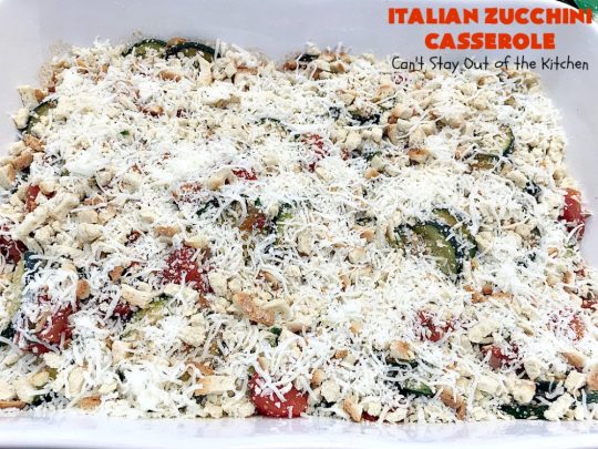 Italian Zucchini Casserole | Cant Stay Out of the Kitchen | this fantastic #casserole is perfect for your #Thanksgiving or #Christmas #holiday menu. It's filled with #zucchini & #tomatoes, topped with #StuffingMix & loaded with #Parmesan & #Mozzarella cheeses. Everyone will want seconds. #Italian #HolidaySideDish #ZucchiniCasserole #ItalianZucchiniCasserole #GooseberryPatch