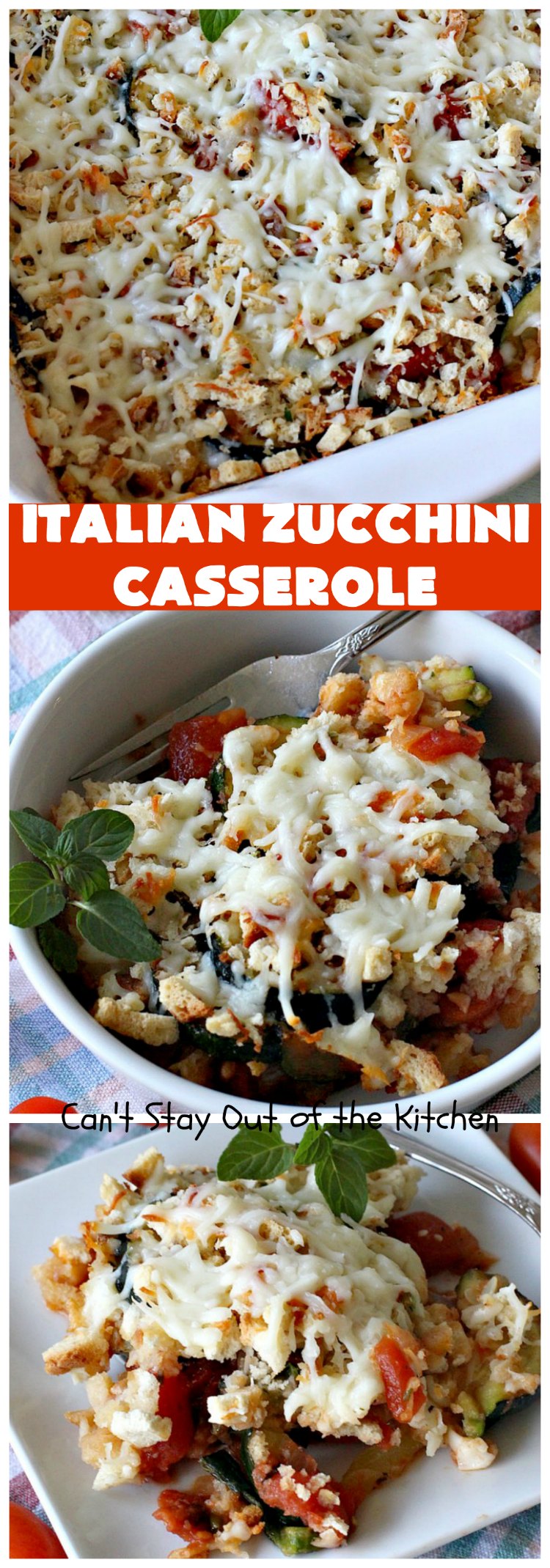 Italian Zucchini Casserole | Cant Stay Out of the Kitchen | this fantastic #casserole is perfect for your #Thanksgiving or #Christmas #holiday menu. It's filled with #zucchini & #tomatoes, topped with #StuffingMix & loaded with #Parmesan & #Mozzarella cheeses. Everyone will want seconds. #Italian #HolidaySideDish #ZucchiniCasserole #ItalianZucchiniCasserole #GooseberryPatch