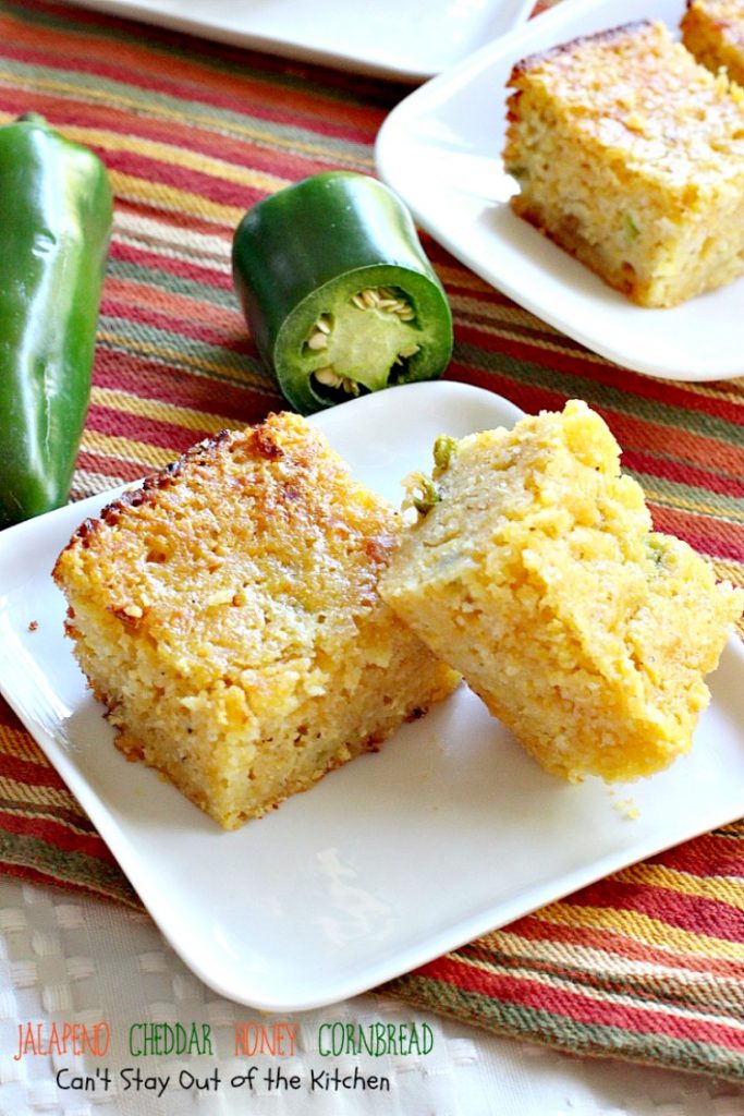 Jalapeno Cheddar Honey Cornbread | Can't Stay Out of the Kitchen | dynamite #cornbread that's sweet and spicy. Great with #chili. #jalapenos #cheddarcheese