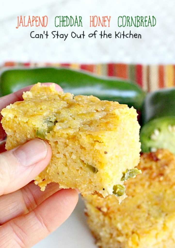 Jalapeno Cheddar Honey Cornbread | Can't Stay Out of the Kitchen | dynamite #cornbread that's sweet and spicy. Great with #chili. #jalapenos #cheddarcheese
