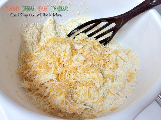 Jalapeno Cheddar Honey Cornbread | Can't Stay Out of the Kitchen | dynamite #cornbread that's sweet and spicy. Great with #chili. #jalapenos #cheddarcheese