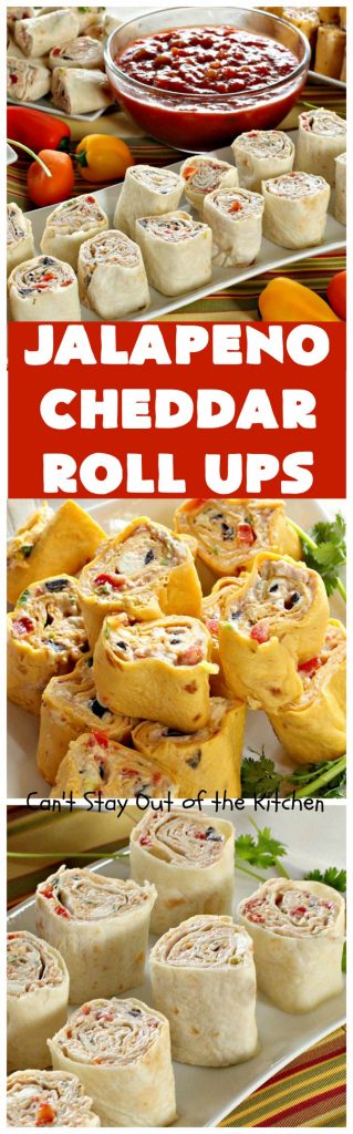 Jalapeno Cheddar Roll Ups | Can't Stay Out of the Kitchen | these fantastic #TexMex #appetizers are terrific for #tailgating, #NewYearsEve or #SuperBowl parties. Filled with #refriedbeans, #chilies, #olives, & lots of #cheese.